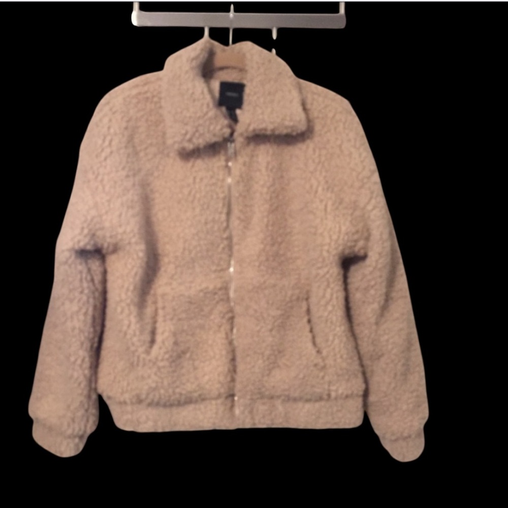Forever 21 Womens Camel Tan Beige Sherpa Teddy Zip Up Jacket Sz M